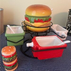 Adorable, ceramic hamburger themed condiment server set.